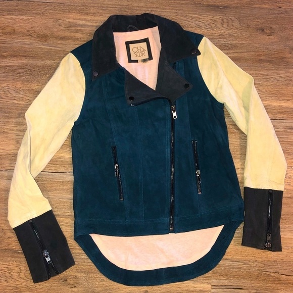 CHASER Suede Leather Blue Body Cream & Grey Cuff Sleeves Colour Block Moto Sz XS - Picture 1 of 11